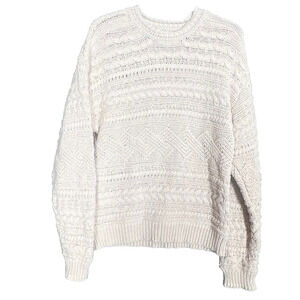 Cable Knit Sweater Womens Medium Ivory Cotton Drop Shoulder Classic Fisherman